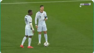 The strangest free kick in Cristiano Ronaldo's career, which happened in the match between Scotland and Portugal in the European Nations League.