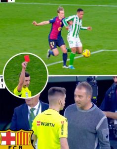 Hansi Flick gets sent off for protesting after Vitor Roque wins a penalty for Betis