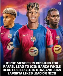 Jorge Mendes is strongly advocating for the Rafael Leao-Barça transfer, but it’s too early for definite details. There are 4-5 other candidates for the LW position. Deco favors Luis Diaz, while Joan Laporta prefers either Leao or Nico. FULL DETAILS: GO TO LINK IN COMMENT