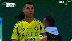 Watch Ronaldo's surprised reaction when he saw his lookalike in the stands in the Al-Nasr and Al-Ettifaq match today!